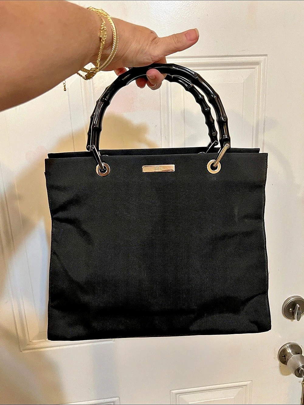 Gucci Vintage Gucci Black Nylon Bamboo Double Handled Tote Bag Vintage